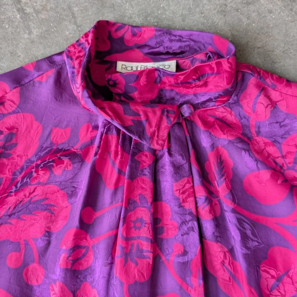 Vintage 80s Silk Raul Blanco Pink Purple Long Sleeve Midi Skirt Matching Set